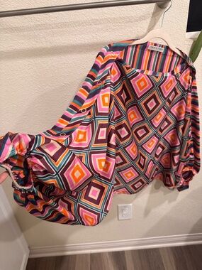 Trina Turk Geometric Diamond Blouse in Pink, Orange & Teal